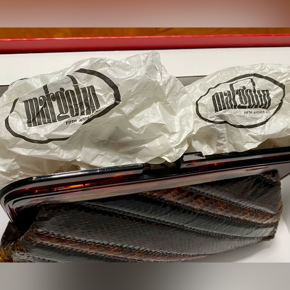 Vintage Marigolin New York Brown Leather Clutch w/ Tortoise Shell Clasp - Picture 6 of 13
